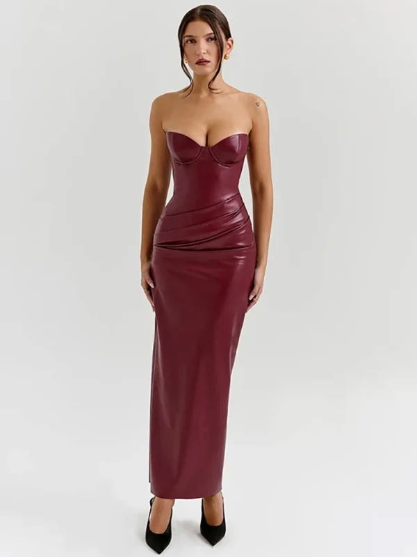 Red Strapless PU Leather Maxi Dress for Stunning Elegance