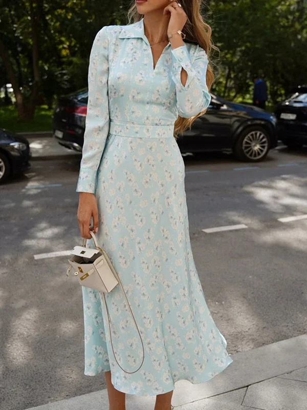 Elegant Blue Floral Maxi Dress for Office & Special Events