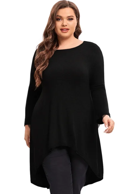 Luxe Black Hi-Low Tunic - Rayon Blend Drop Sleeve Blouse