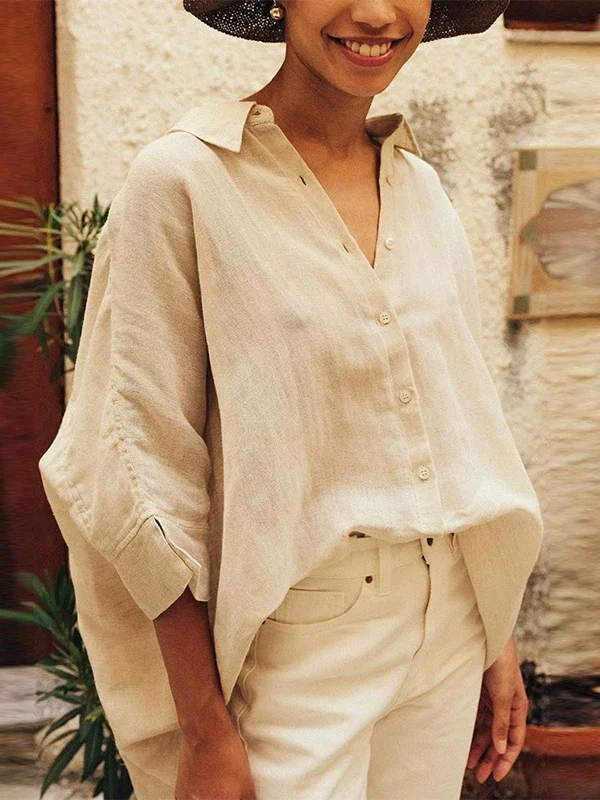 Women's 100% Linen Half Sleeve Shirt Loose Casual Office Blouse Single-Breasted Summer White Ladies Tops blusas mujer