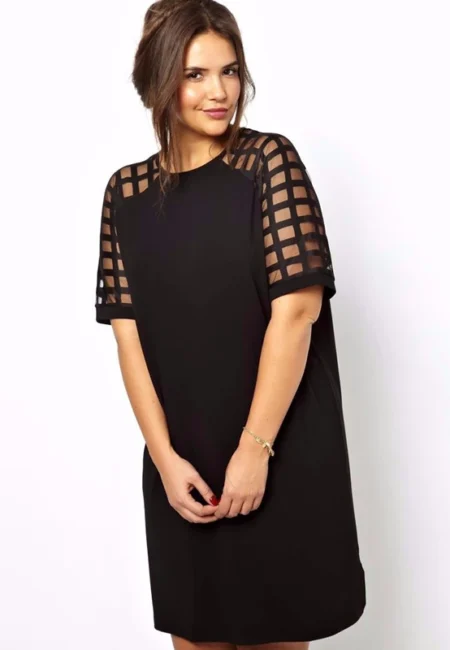 Elegant Black Cell Print Summer Dress with Mesh Sleeves