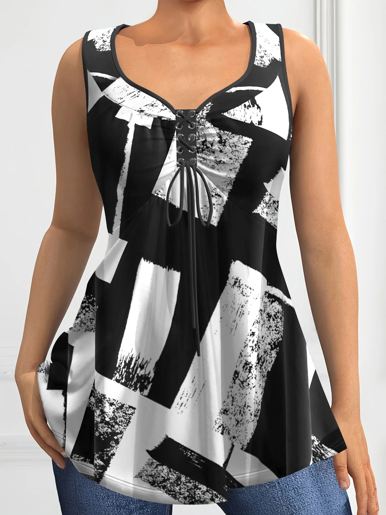 kf-S572ae871fc0a493ab51a6f725e74ea2eE Plus Size Colorblock Tank Top with Lace-Up V-Neck Elegance