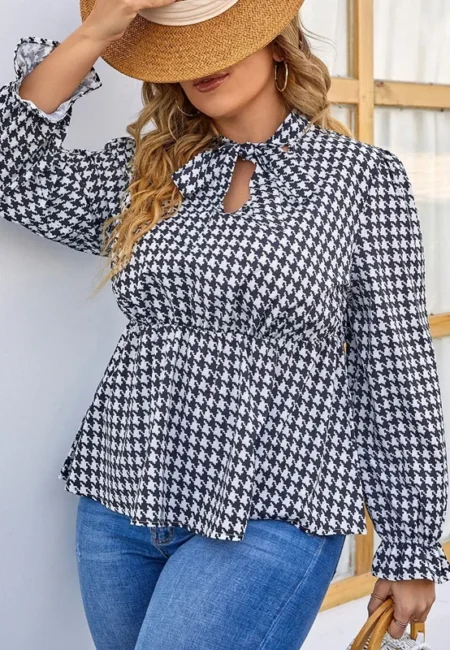 Sophisticated Houndstooth Peplum Blouse Tie Neck Lantern Sleeves
