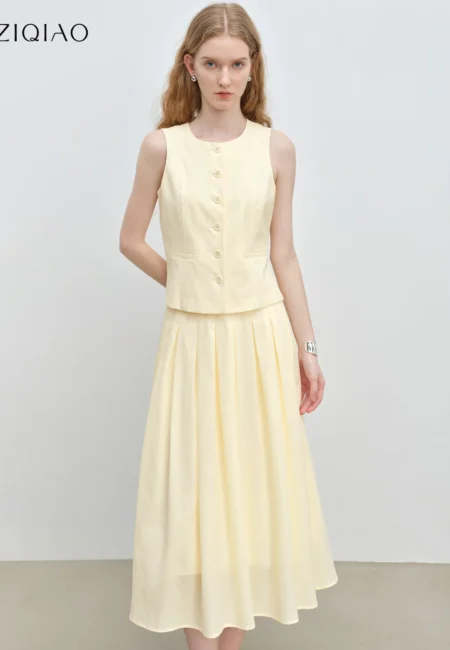 Petite Women's Rice Color Vest & Pleated Skirt Set for Elegance