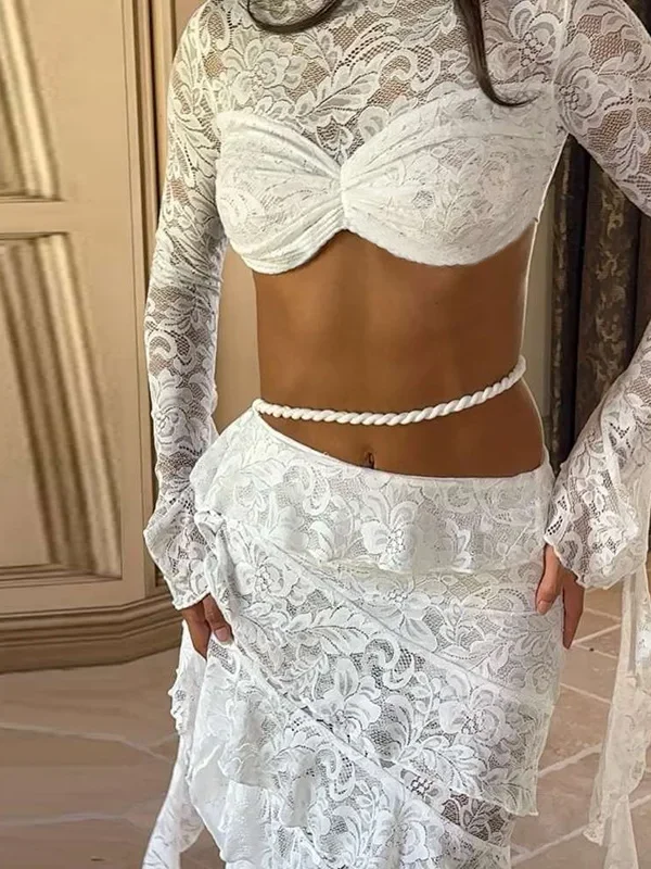 Elegant Hollow Top & Ruffled Skirt Set for Women