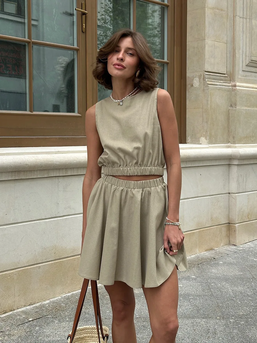 kf-S5ada491bb8fd47cdb8507f6bb5640676H Bornladies Cotton Linen Vest Skirt Set - Summer A-Line Mini