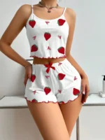 Summer Strawberry Print Ice Silk Camisole Pajama Set for Women - Image 3