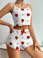 Summer Strawberry Print Ice Silk Camisole Pajama Set for Women - Image 6