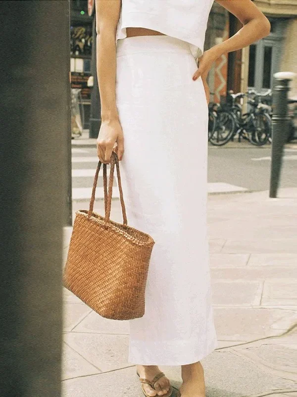 Premium Linen High Waist Midi Skirt with Back Split Detail