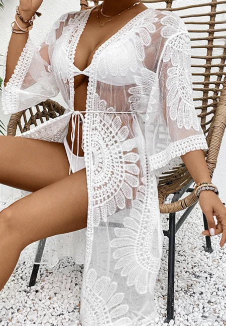Mesh Floral Lace Bikini Kimono - Elegant Beach Cover Up