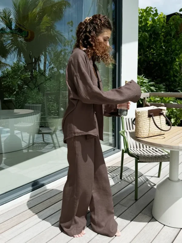 Chic Women's Cotton Linen Shirt & Wide-Leg Pants Set