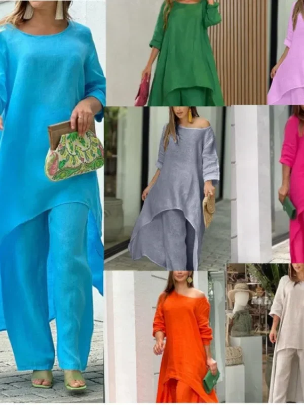 Chic Women's Cotton Linen Two-Piece Set with Wide Leg Pants