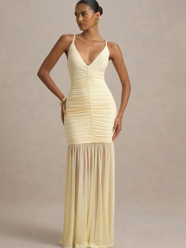 Chic Yellow Backless Maxi Dress with Ruched V-Neck Design