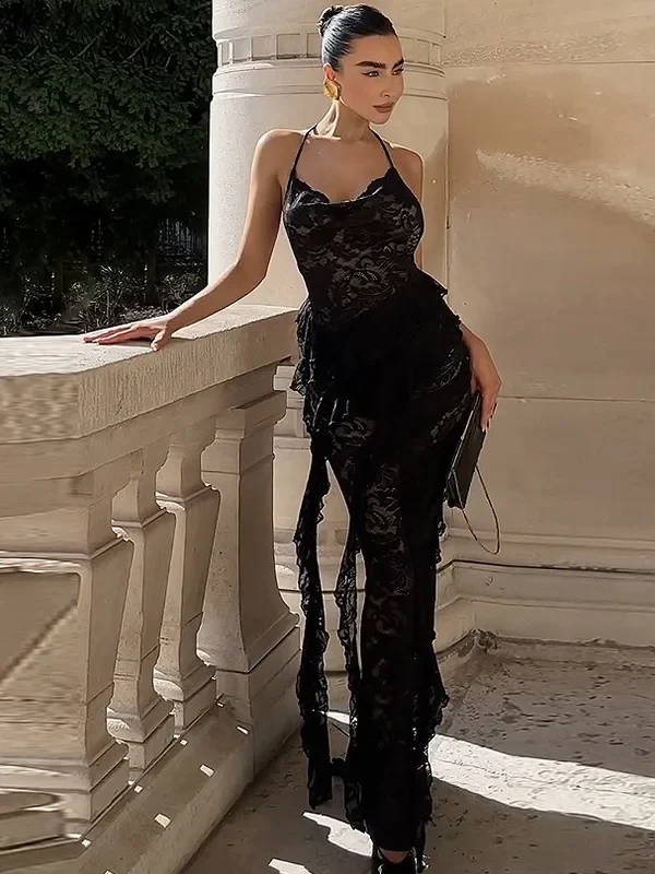 Lace Ruffled Spaghetti Strap Dress: Elegant A-Line Chic