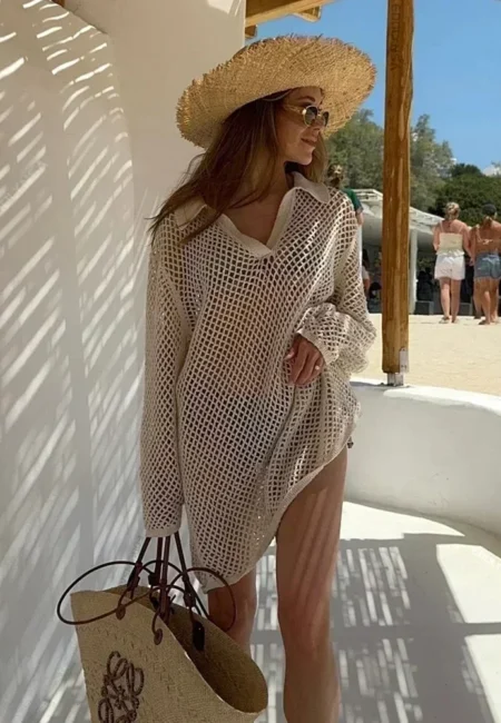 Bohemian Hollow-Out Beach Cover Up - Long Sleeve Mini Dress