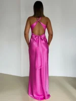 Elegant Backless Satin Maxi Dress with Bow Detail for Women - Image 4