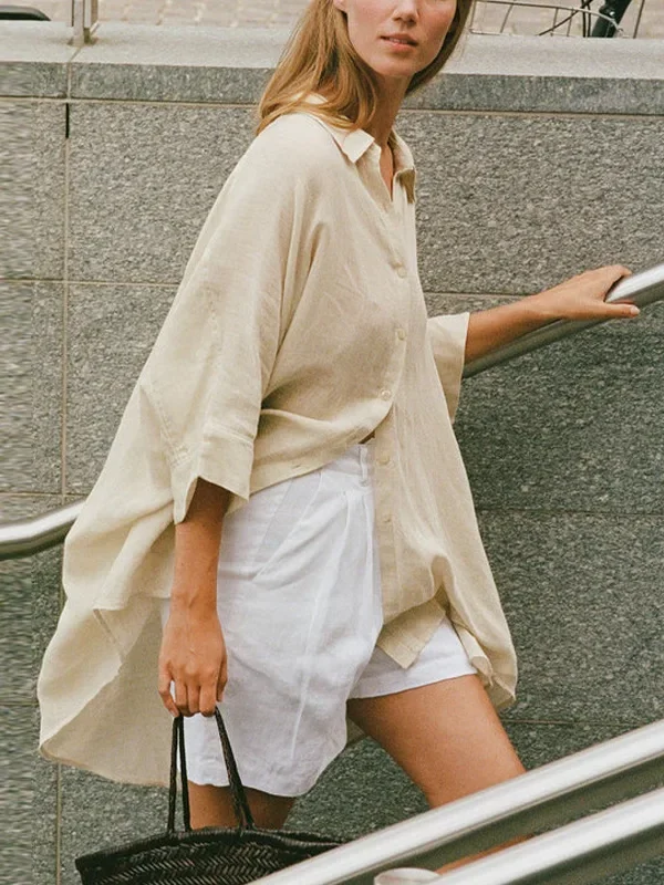 Women's 100% Linen Half Sleeve Shirt Loose Casual Office Blouse Single-Breasted Summer White Ladies Tops blusas mujer