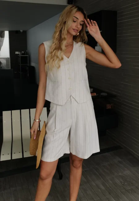 Linen Striped Summer Vest & Shorts Set for Effortless Style