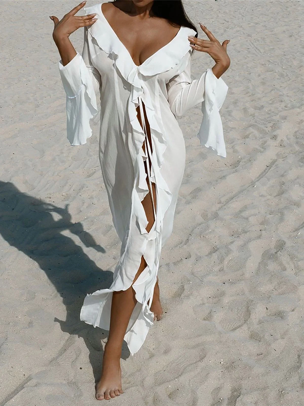 kf-S723b83923fc04193b1248f2fd93cf20eN Luxe Ruffled Chiffon Beach Tunic - V Neck Summer Cover Up
