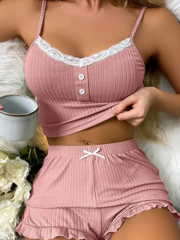 Luxe Lace Trim Spaghetti Strap Pajama Set for Summer Comfort