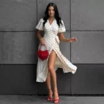 Elegant Floral Print Cotton Dress for Women - V-Neck A-Line - Image 2