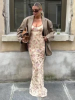 Elegant Apricot Flower Print Suspender Dress for Parties - Image 2