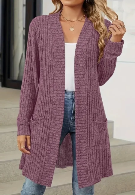 Sophisticated Ribbed Open Front Coat with Pockets - Extended Sizes