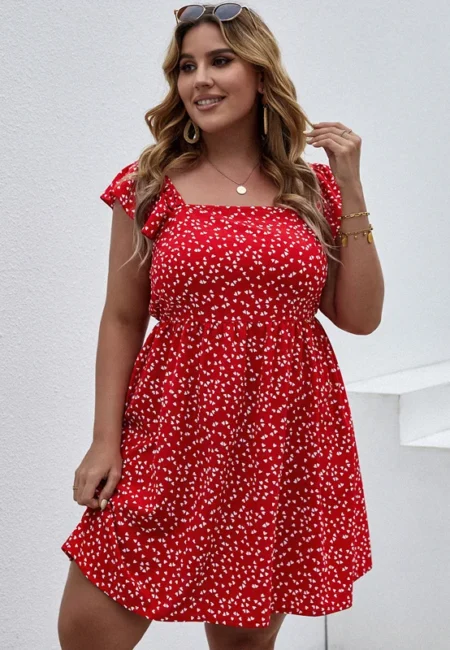 Plus Size Summer Floral Print Square Neck Dress for Women
