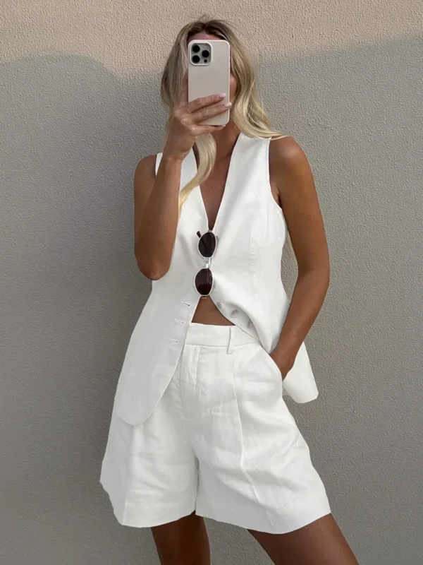 Chic Cotton-Linen Summer Vest & Shorts Set for Women