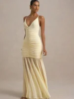 Chic Yellow Backless Maxi Dress with Ruched V-Neck Design - Image 2