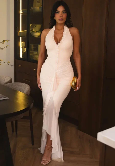 Elegant Moopsi Halter V-Neck Backless Maxi Dress for Parties