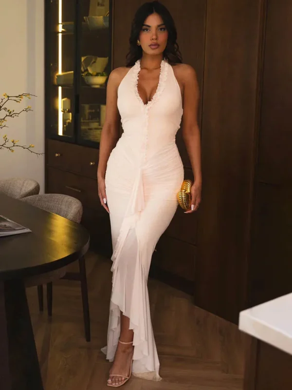 Elegant Moopsi Halter V-Neck Backless Maxi Dress for Parties