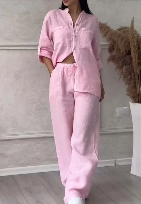 Cotton Linen V-Neck Set - Relaxed Wide Leg Pants & Top