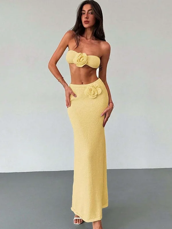 Bohemian Crochet Two-Piece Set: Strapless Top & Long Skirt