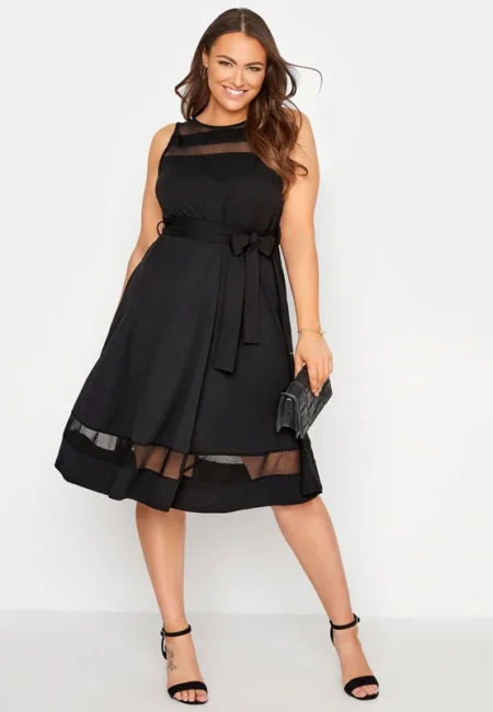 Plus Size Black A-Line Midi Dress with Mesh Panel for Women