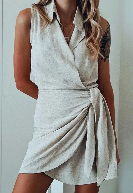 Vintage Cotton Linen Sleeveless Mini Dress Lace-Up Detail