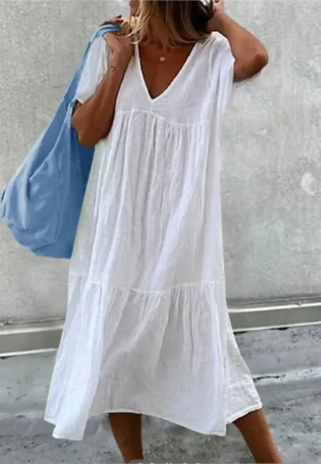 V-Neck Cotton Linen Midi Dress for Effortless Summer Style