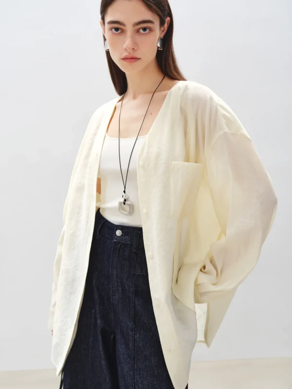 ZIQIAO Women Summer V-Neck Blouse Tops Linen Long Sleeve Shirts  Summer Loose Drop Sleeve Single Breasted Shirt 25ZQ92114