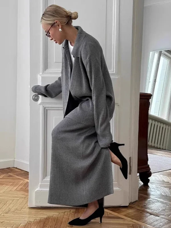Chic Knitted Cardigan and Skirt Set for Effortless Elegance