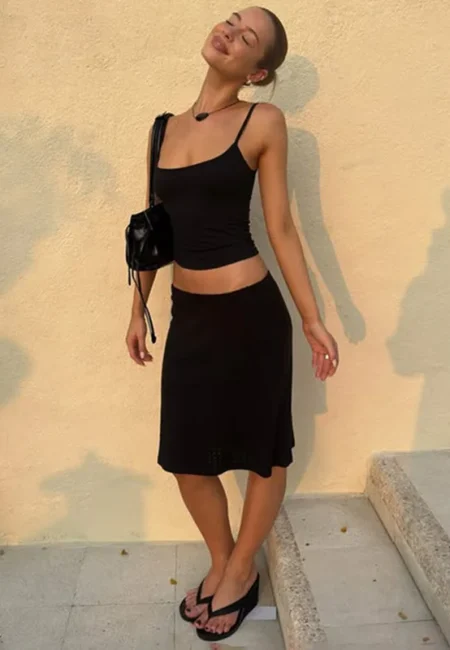 Black A-Line Suspender Vest Skirt Set - Summer Two-Piece