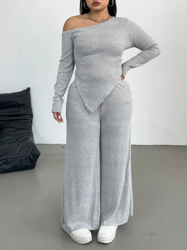 Plus Size  Slash Shoulder Long Sleeve Casual Pants Two Piece Set Commuter Style Leisure Solid Colour Home