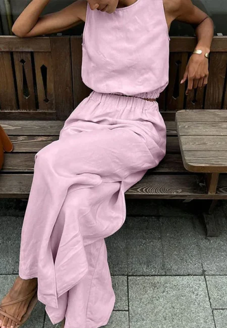 Elegant Cotton-Linen 2-Piece Set: Sleeveless Pullover & Pants