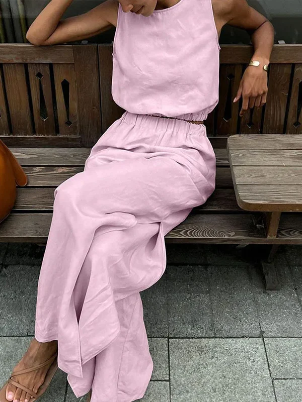 Elegant Cotton-Linen 2-Piece Set: Sleeveless Pullover & Pants