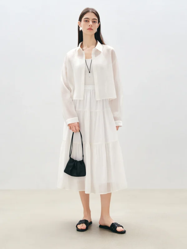 Chic Blue Shirt & White Tiered Skirt Set for Summer Elegance