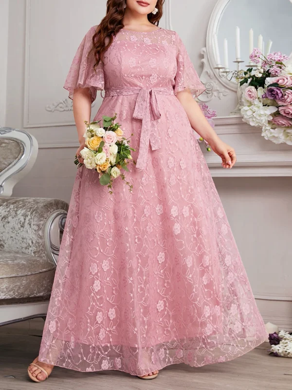 Plus Size Pink A-Line Dress with Floral Lace & Tulle Elegance