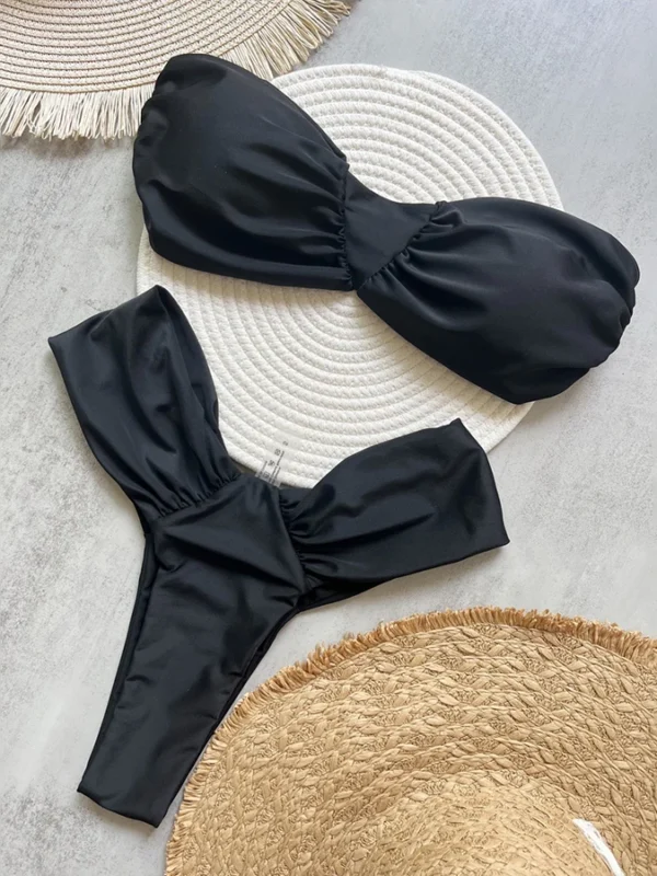Solid Bandeau Bikini Set Thong Women Swimwear  Brazilian Swimsuit Female Bandage Bathing Suit