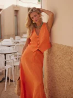 Vibrant Orange Women's 2-Piece Vest Skirt Suit for Summer Elegance - Image 2