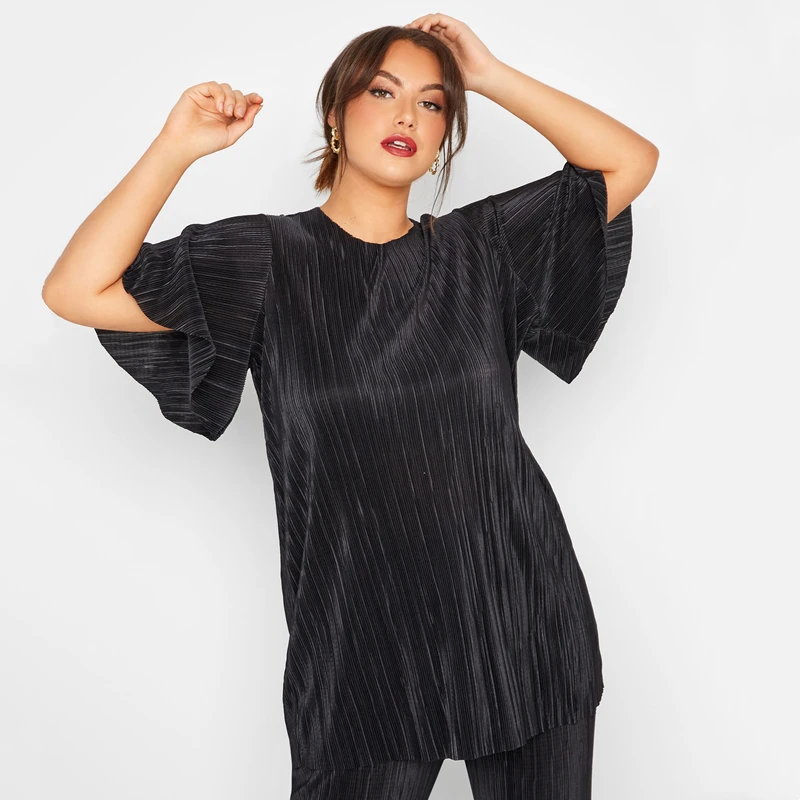 kf-Sabc9e17da7ec47f393518af4f8728864L Breathable Black Plisse Blouse - Flowy Summer Top 8 XL