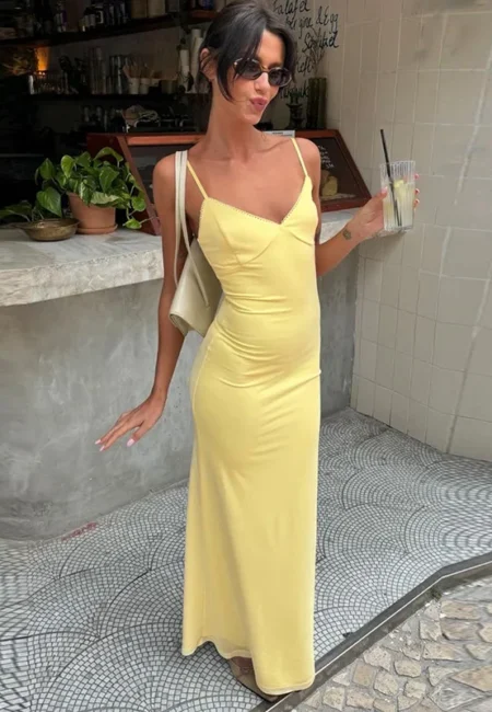 Stunning Yellow V-Neck Backless Maxi Dress Summer Evening Wear
