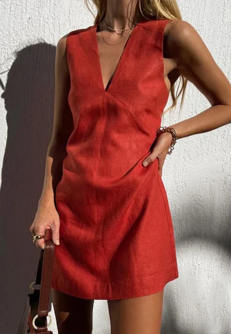 Breezy Cotton Linen V-Neck Mini Dress - Summer Elegance